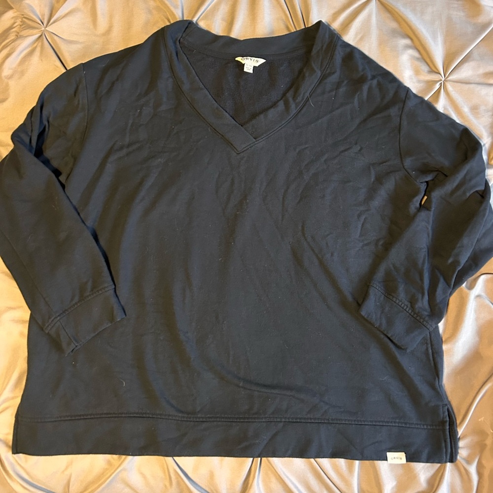 Orvis Sweater Womens XL Dark Navy V Neck Modal Blend Pullover Long Sleeve Soft